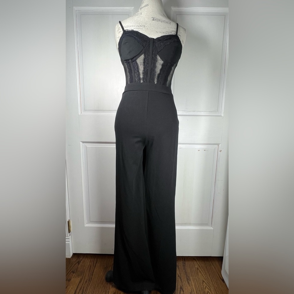 NWT Perfectly Sultry Black Sheer Mesh Bustier Wide-Leg Jumpsuit Size Small - Picture 3 of 9